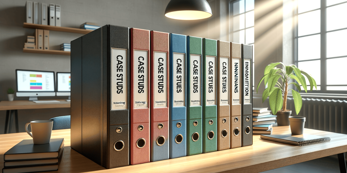 Colourful binders labelled 'Case Studies' on an office desk.