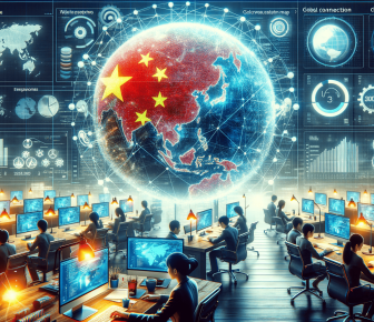 China-centric digital globe, global network, people working on data analysis.