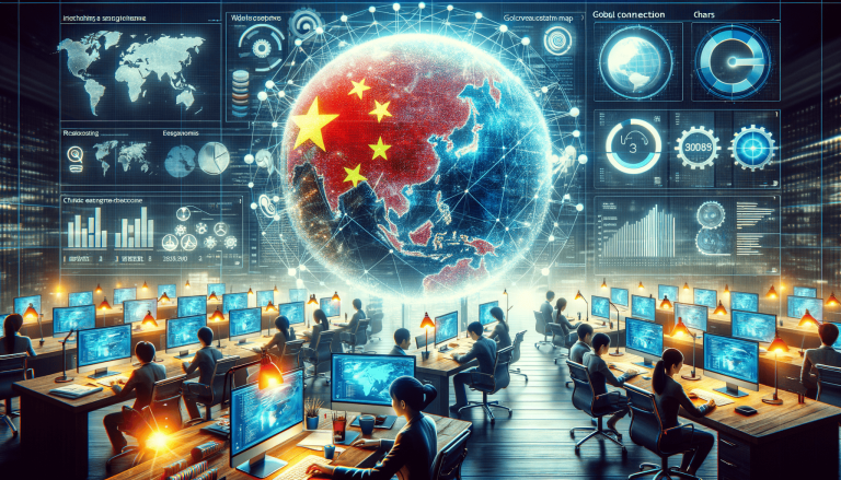 China-centric digital globe, global network, people working on data analysis.