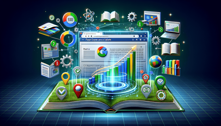 SEO Page Experience Update with data charts and digital elements from a book.