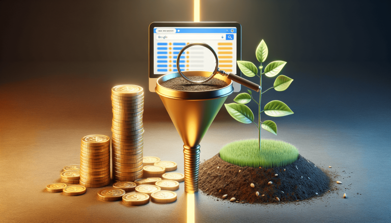 Investment process: search, funnel, coins, and growing plant.