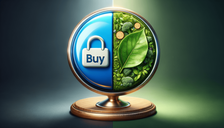 Divided circle showing 'Buy' padlock and green nature.