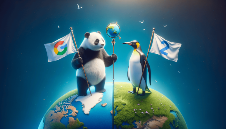 Panda and penguin stand on globe, holding Google and '2' flags.