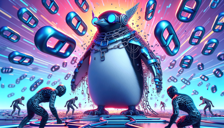 Tux blockchain penguin with cybernetics and digital people.
