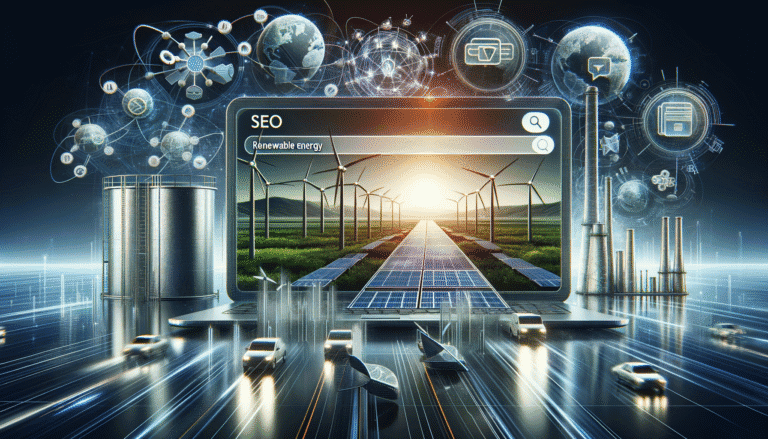 SEO: Renewable energy search on laptop, futuristic tech environment.
