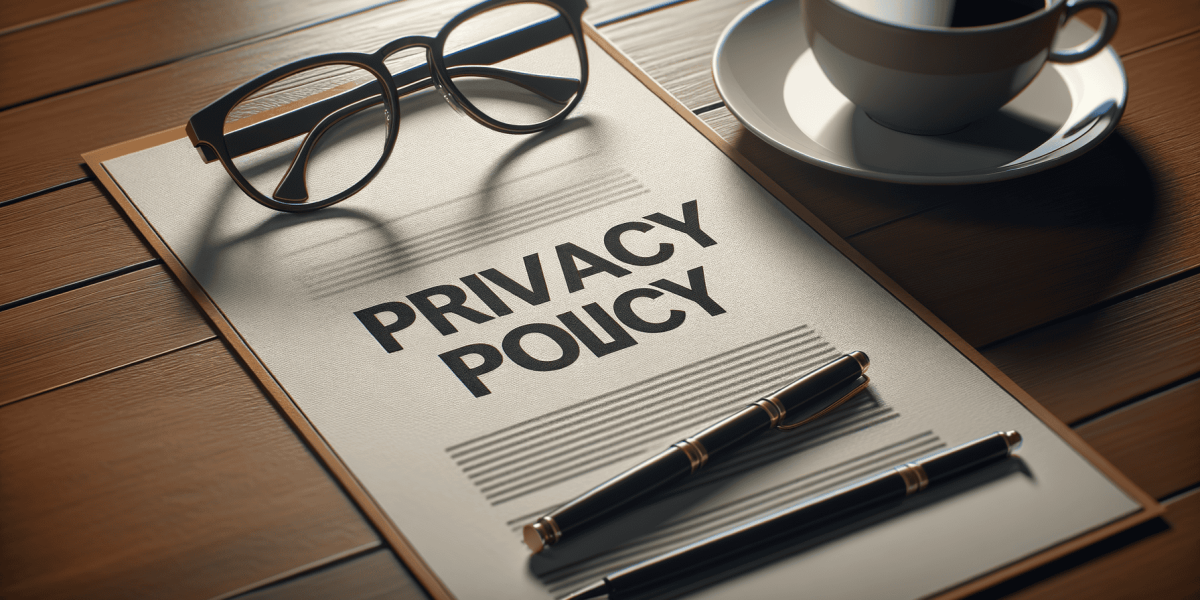 Privacy policy document, glasses, pen, and coffee on a wooden desk.