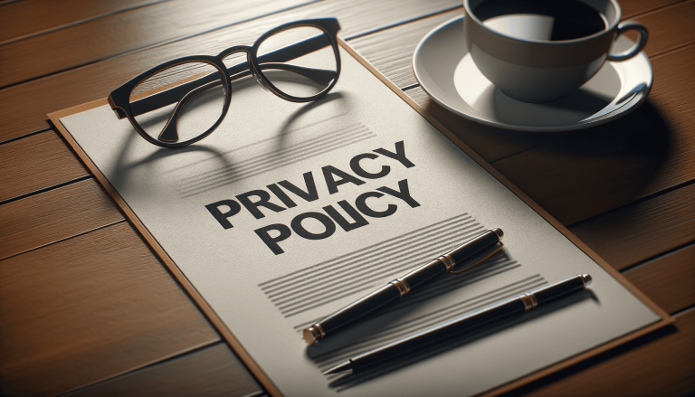 Privacy policy document, glasses, pen, and coffee on a wooden desk.