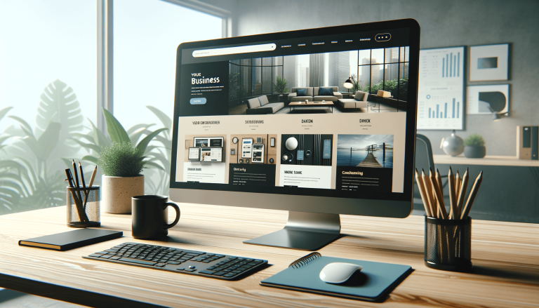 Modern office desk with computer displaying a business website.
