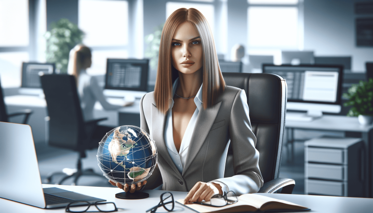 Businesswoman in suit holding globe in modern office.