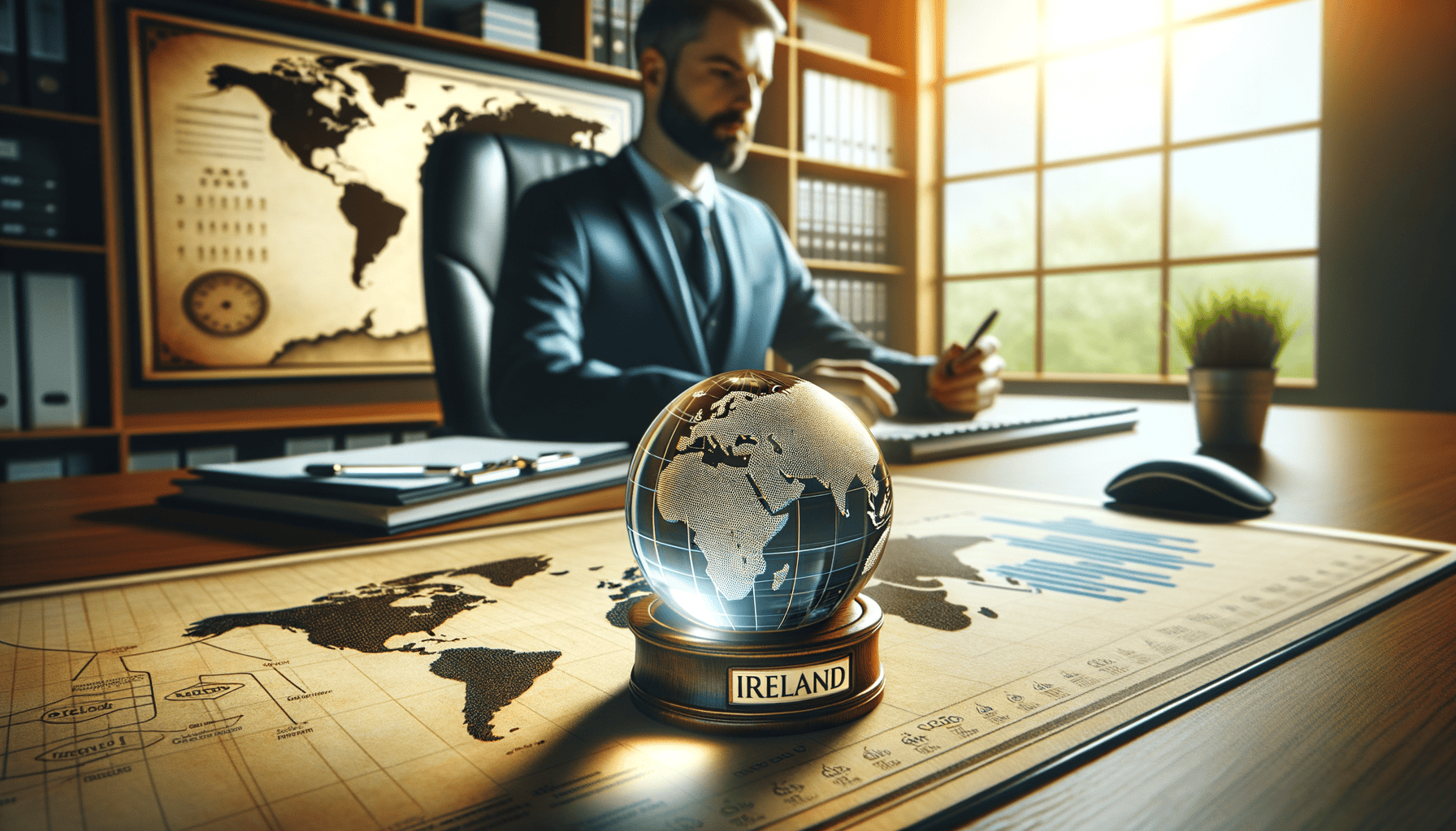 Businessman working at desk with globe and map.