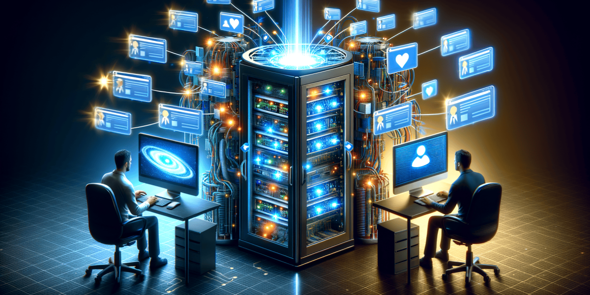 Glowing server rack connecting users, data, and information flow.