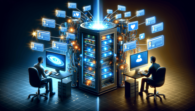 Glowing server rack connecting users, data, and information flow.