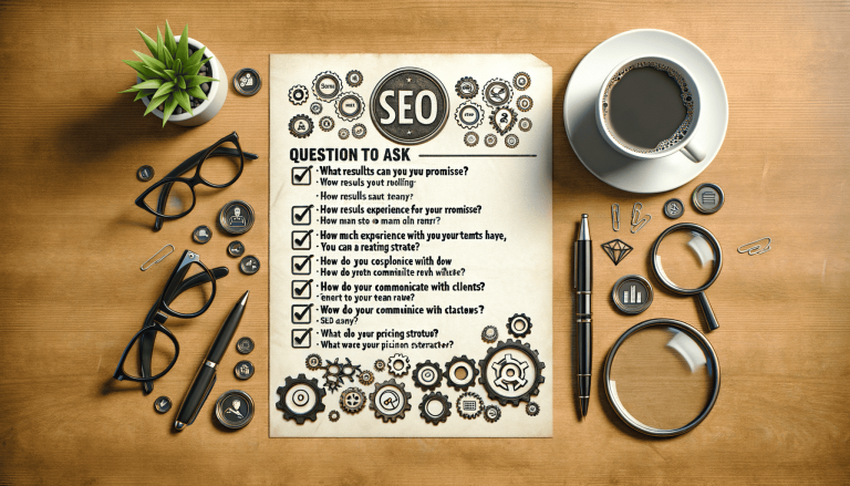 SEO checklist, coffee, glasses, office items on wooden desk.
