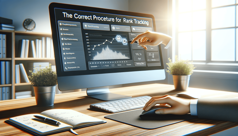 Hands interacting with rank tracking data on office computer.