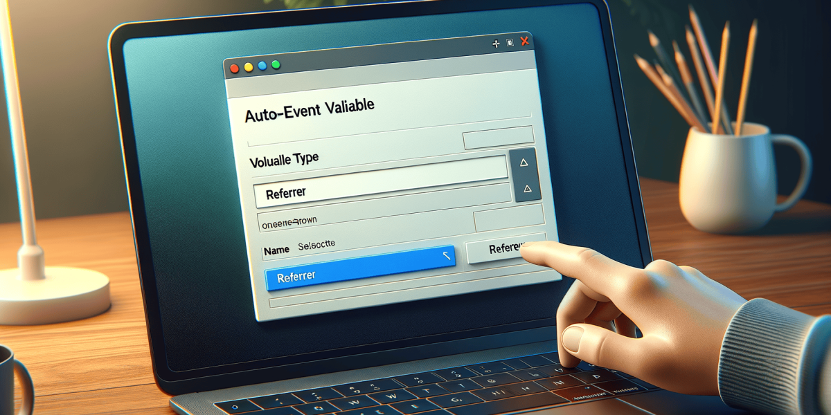 Hand interacting with 'Referrer' button on laptop screen.