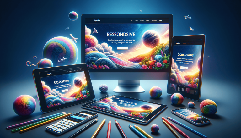 Creative responsive web design shown on monitor, tablets, phones.