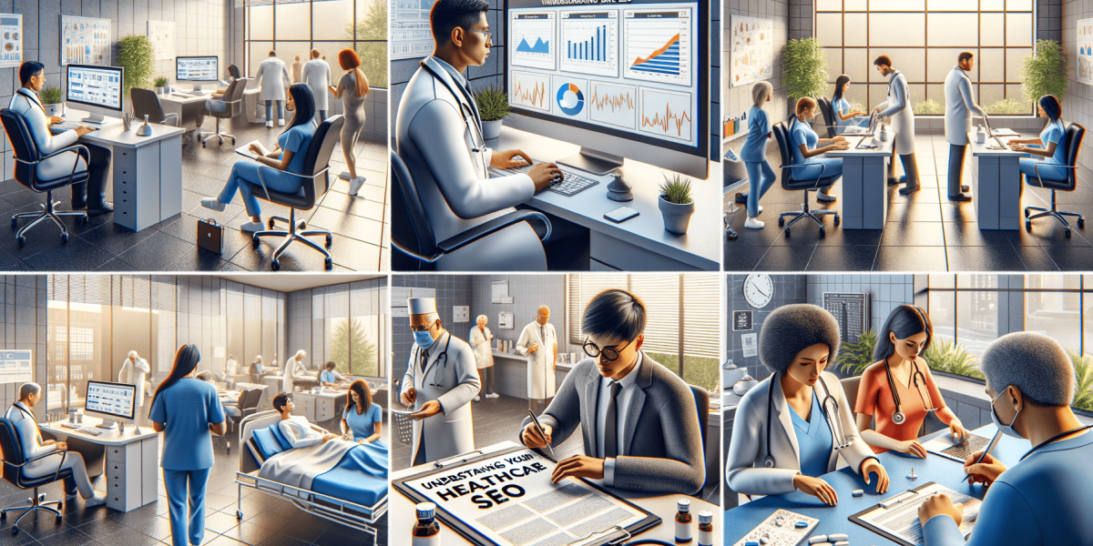 Healthcare professionals using technology for data, analytics, and SEO.