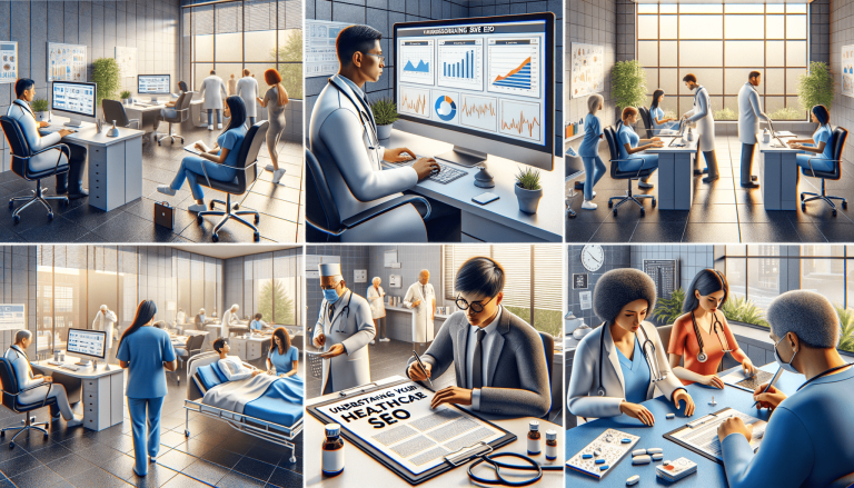 Healthcare professionals using technology for data, analytics, and SEO.
