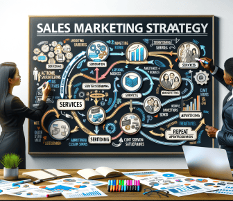 Two people discussing sales marketing strategy board.