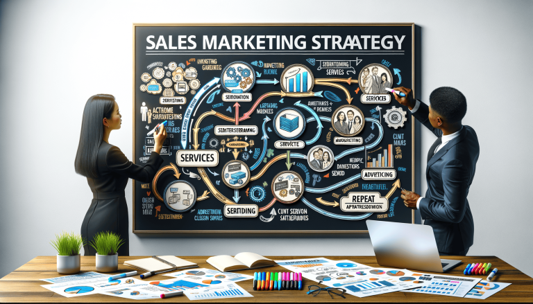 Two professionals charting a sales marketing strategy on a blackboard.