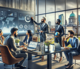 Business team discussing statistics in modern office.