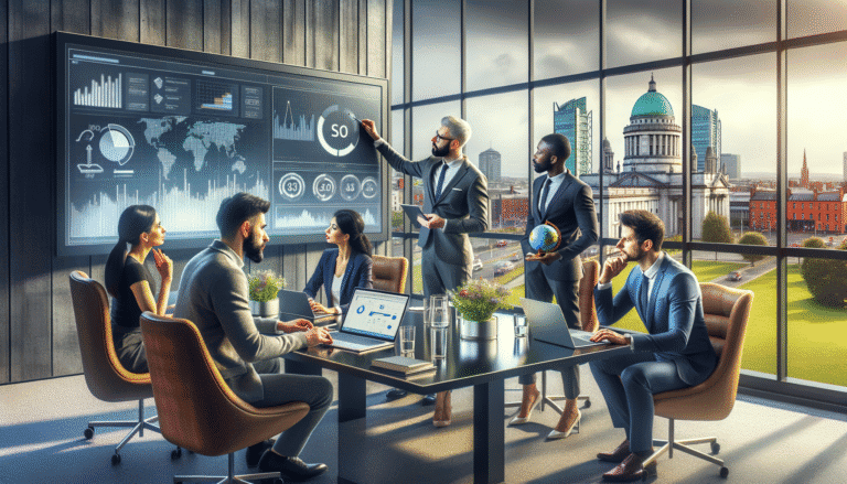 Global business professionals presenting data in a contemporary office.