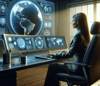 Woman analysing data on futuristic computer screens