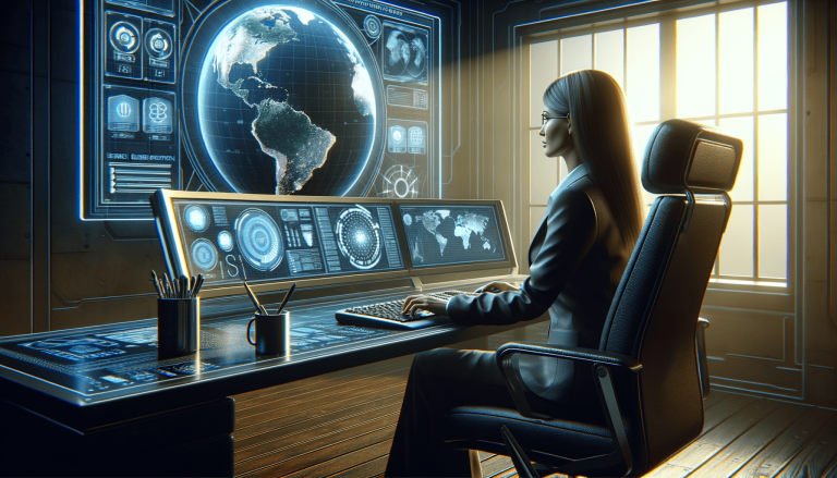 Woman working at high-tech global control centre.