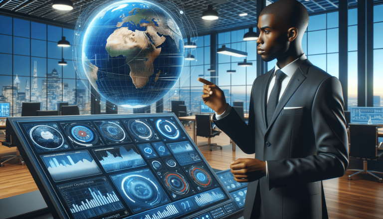 Businessman pointing at holographic globe and futuristic data panel.