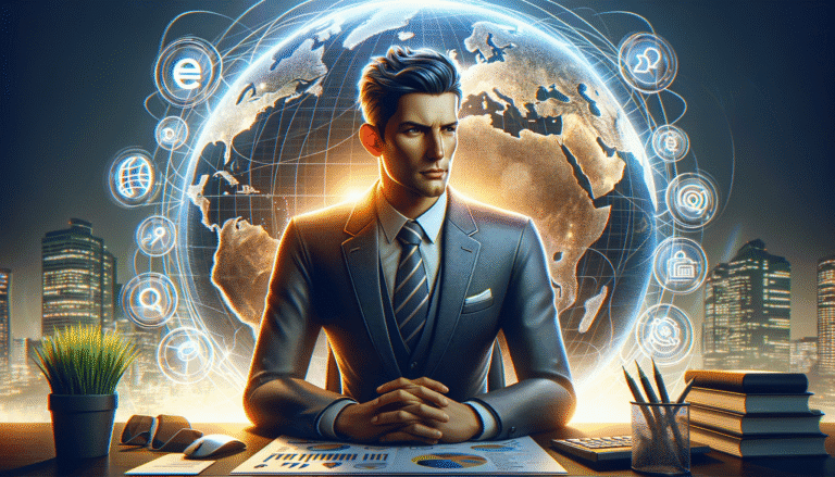 Global business professional with digital network and urban skyline.