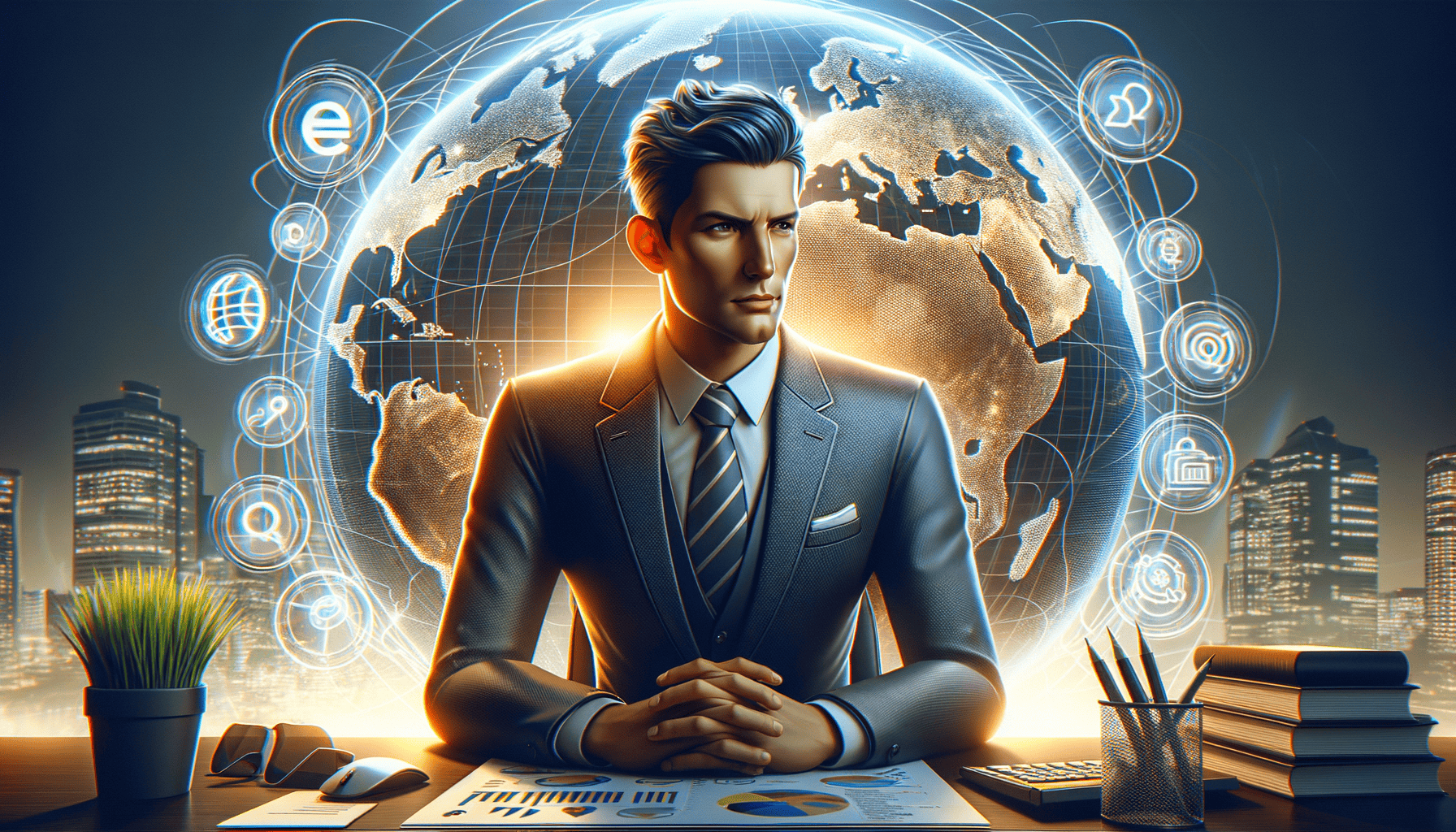 Businessman with global network and skyscrapers backdrop.