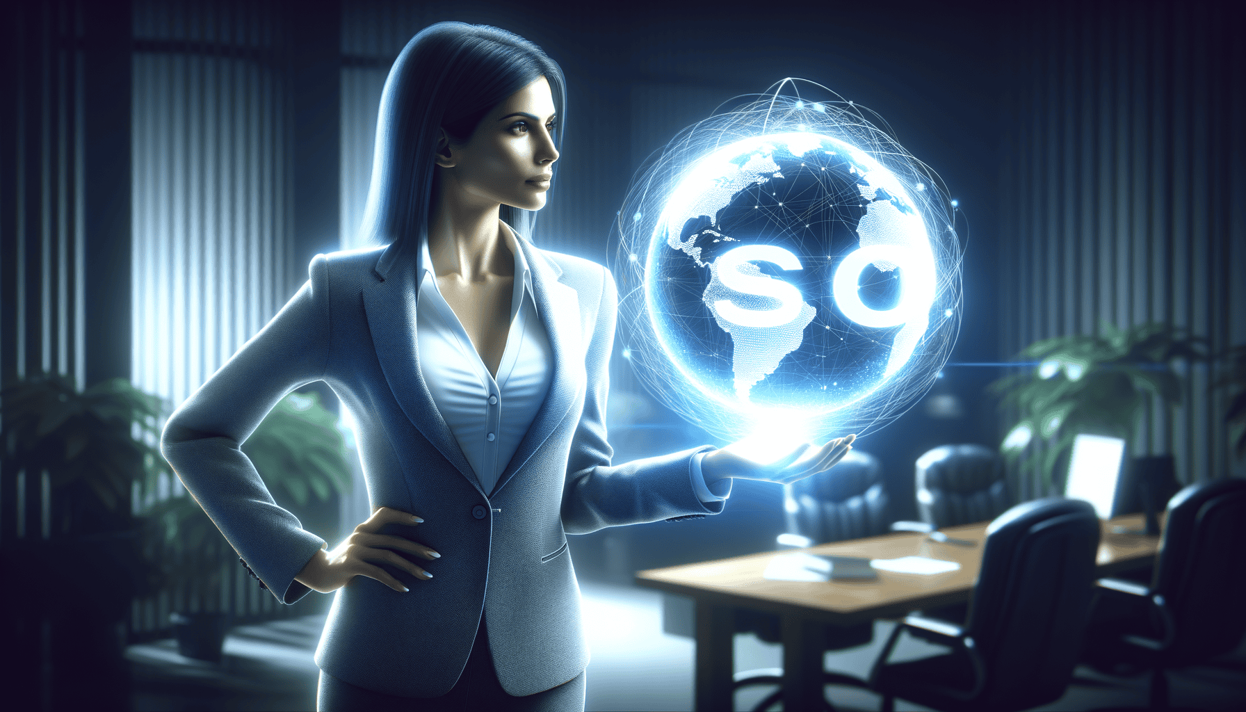 Businesswoman holding digital globe with SEO text.