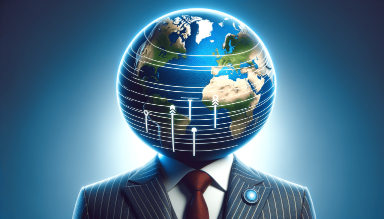 Global business concept: suit, Earth head, data connections.
