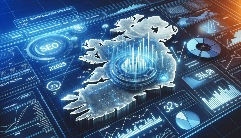 Digital Ireland map with SEO data and futuristic analytics display.