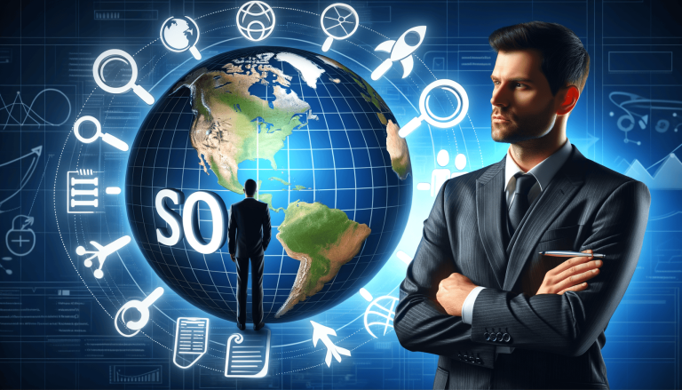 Businessman, global earth, and SEO strategy icons.