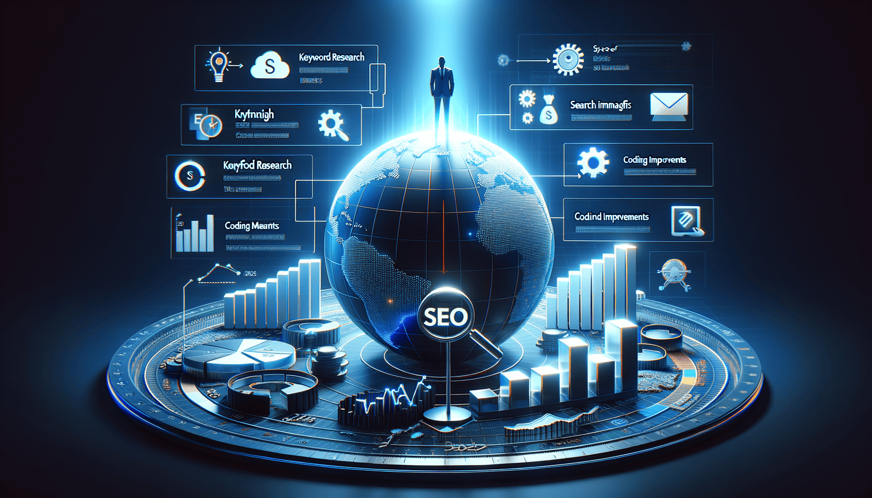 Digital globe highlighting SEO strategies and analytics.