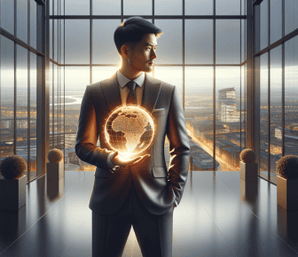 Businessman holding glowing globe in modern office