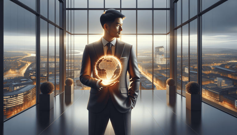 Businessman holds glowing globe, overlooking illuminated city from modern office.