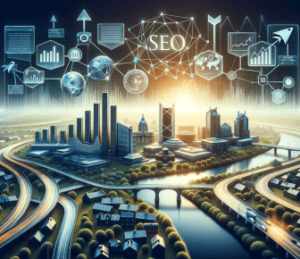 Futuristic cityscape with SEO themed digital overlay.