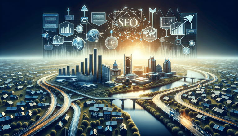 Digital SEO concept over an interconnected modern city.
