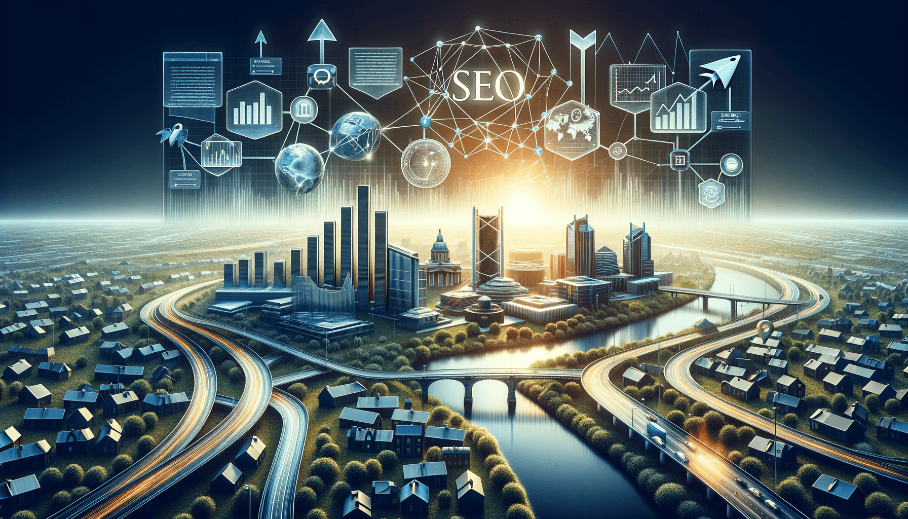 Futuristic cityscape with SEO themed digital overlay.