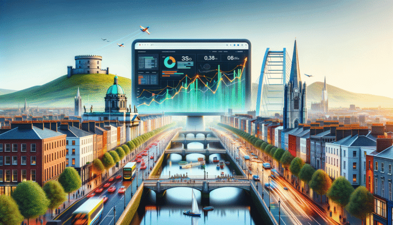Financial dashboard superimposed on a lively city skyline.