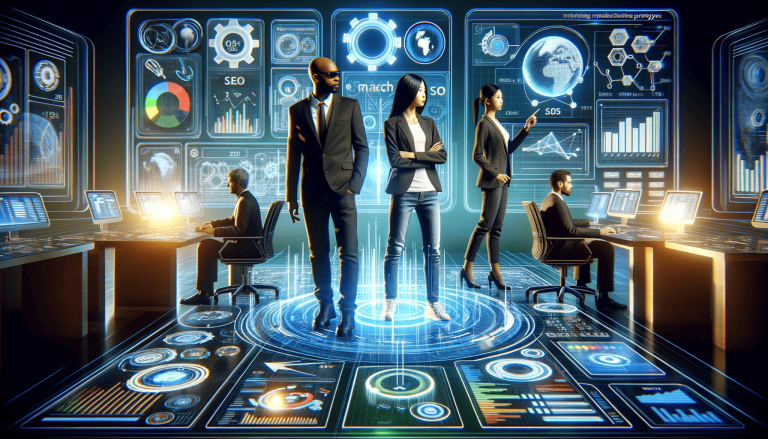 Futuristic office with business team and interactive data screens.