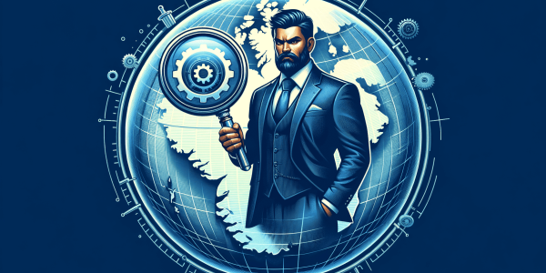 Bearded man with magnifying glass, global business analytics concept.