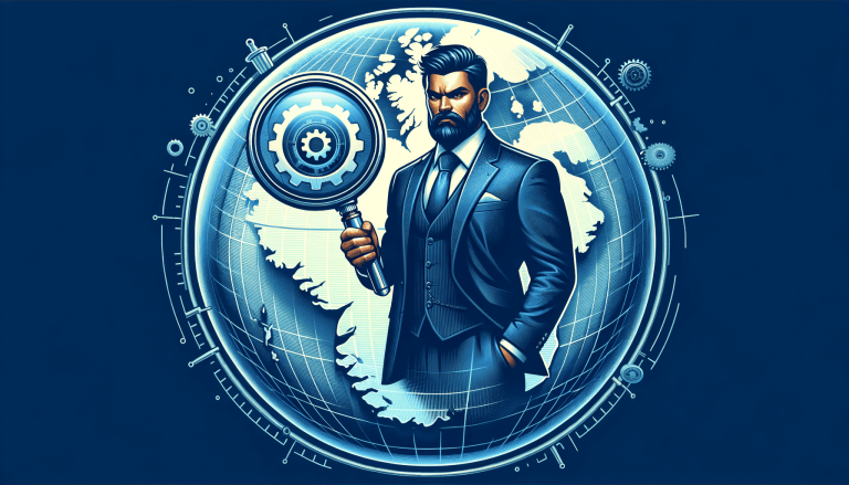 Bearded man with magnifying glass, global business analytics concept.