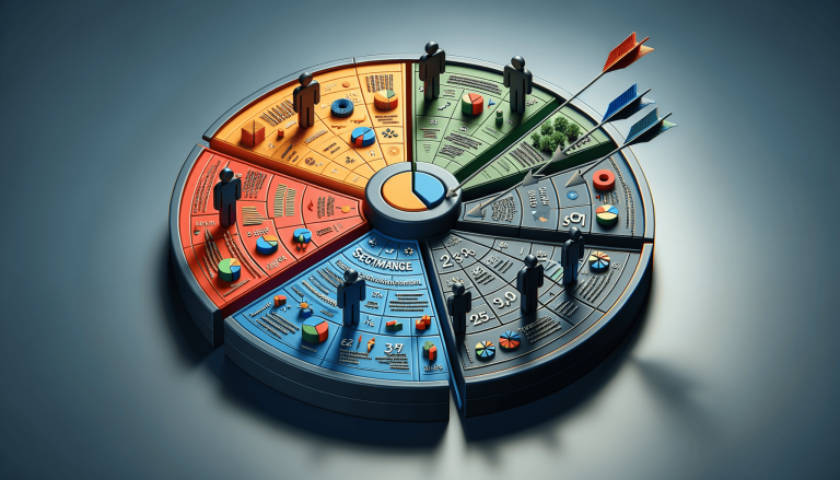 3D segmented business analysis wheel with diverse data and people.
