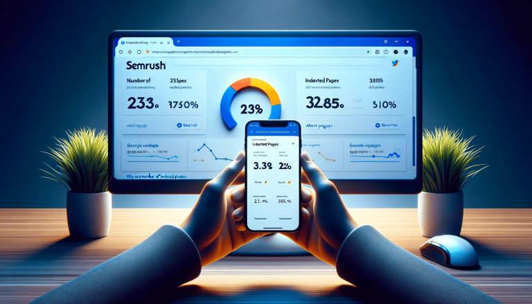 SEO analytics on desktop monitor and smartphone screen.