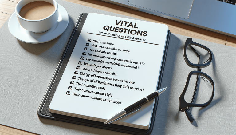 Notepad with 'Vital Questions' for choosing an SEO agency.