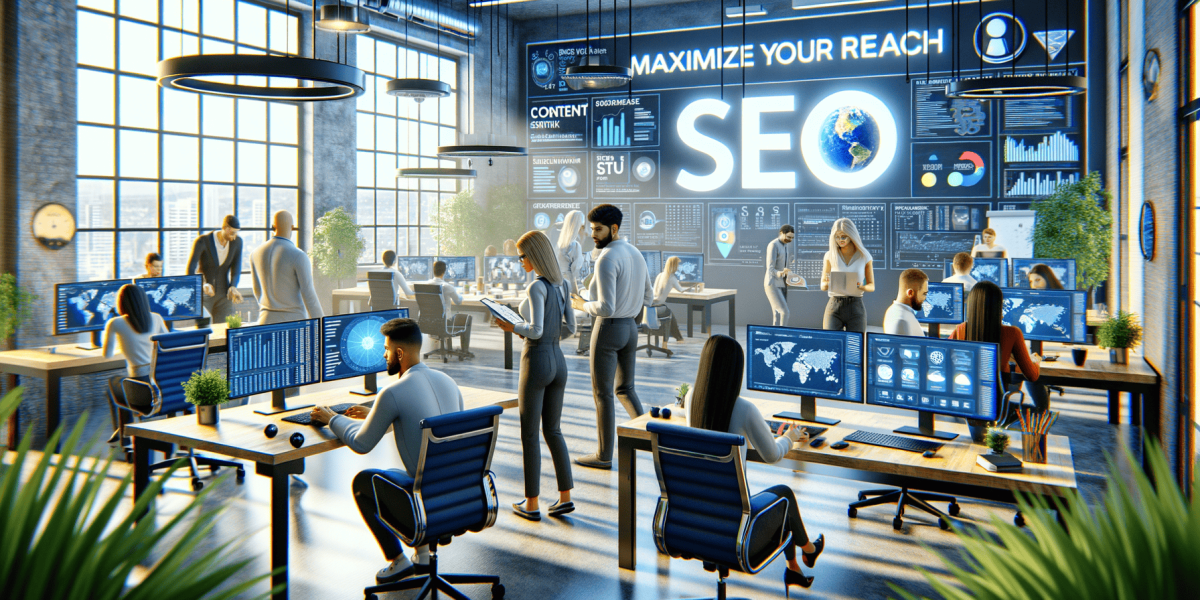 Team working in modern office with large SEO display.