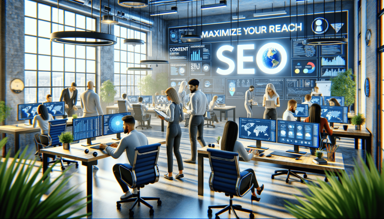 Team working in modern office with large SEO display.